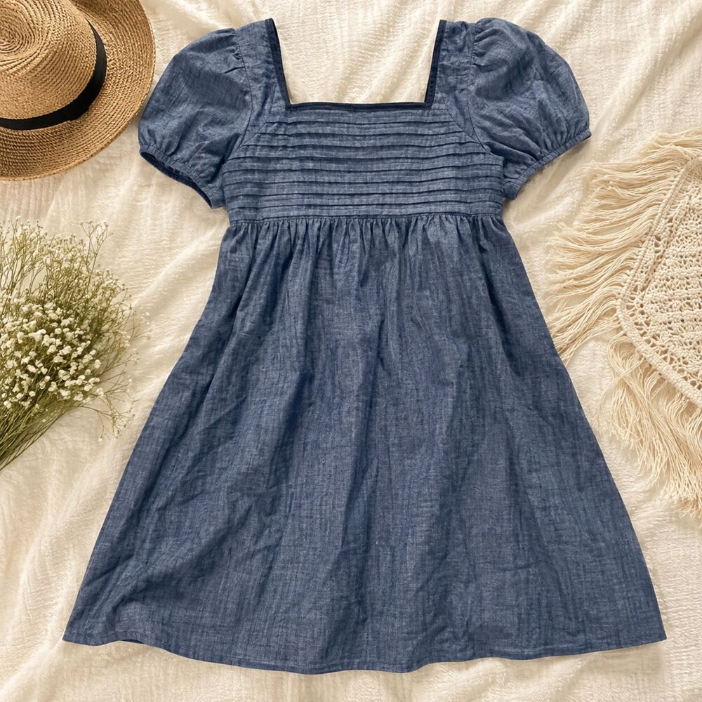 NWT Hope & Henry Chambray Puff Sleeve Midi Dress Size 16 Blue Cottagecore